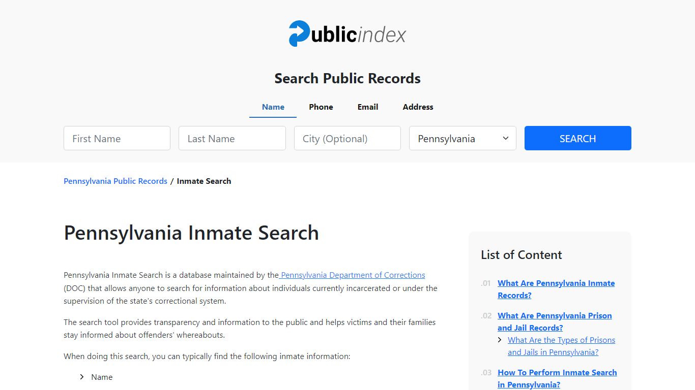 Pennsylvania Inmate Search and Jail Records Lookup - ThePublicIndex